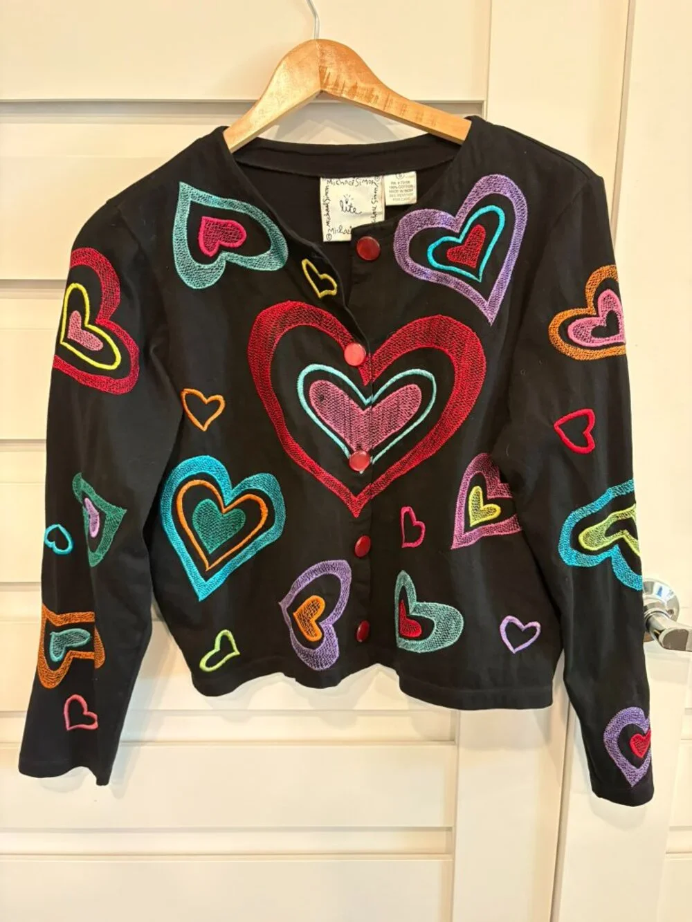 Vintage Michael Simon Heart Embroidered Black Cotton Cardigan Small 90s y2k